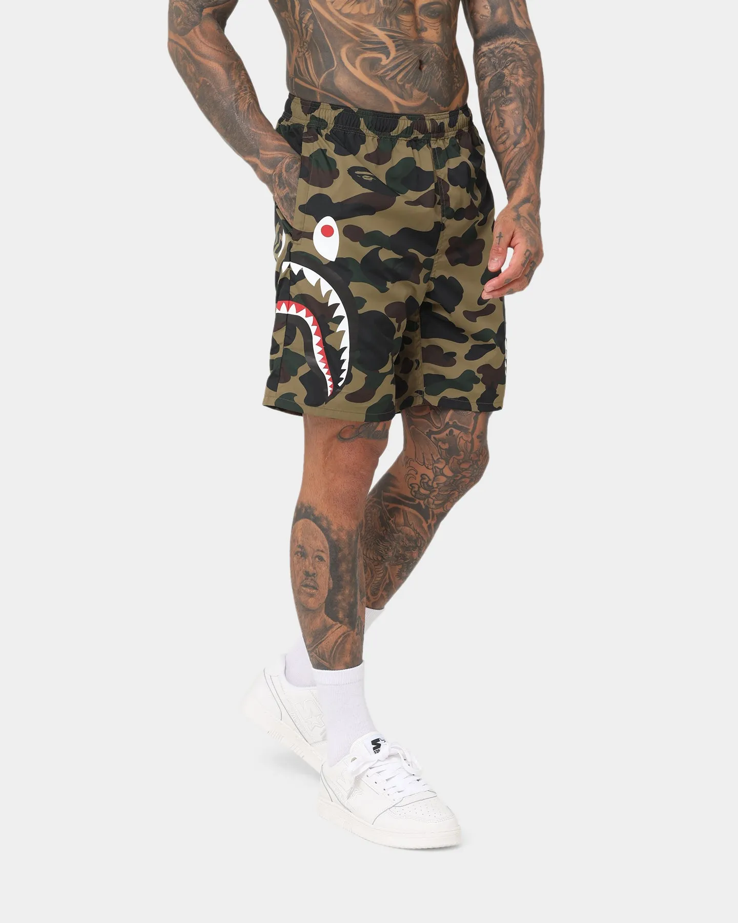 A Bathing Ape 1st Camo Side Shark Beach Shorts Army Green