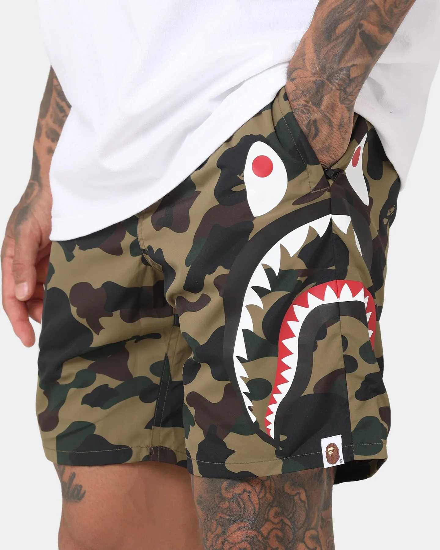 A Bathing Ape 1st Camo Side Shark Beach Shorts Army Green