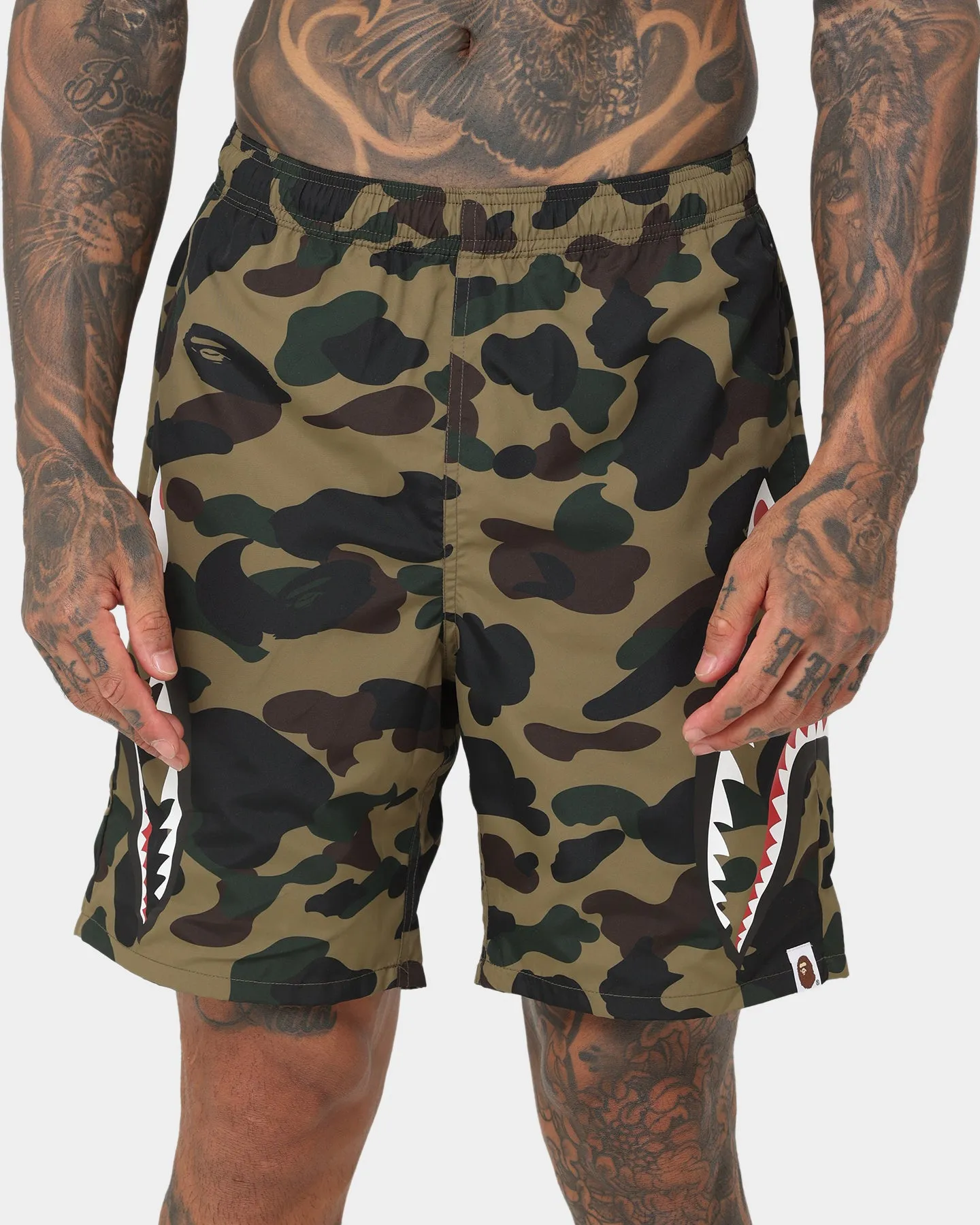 A Bathing Ape 1st Camo Side Shark Beach Shorts Army Green