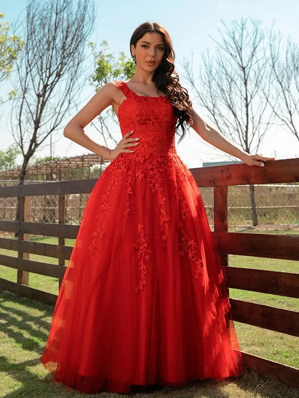 A-Line/Princess Tulle Applique Off-the-Shoulder Sleeveless Floor-Length Dresses