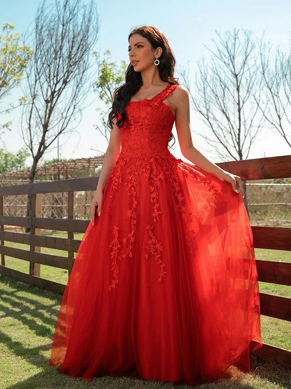 A-Line/Princess Tulle Applique Off-the-Shoulder Sleeveless Floor-Length Dresses