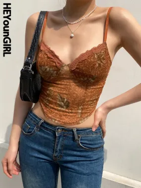 Amozae- Vintage Mesh Lace Sleeveless Corset Crop Top Women Summer Transparent Brown Strappy Camis Tops Floral Print Vest