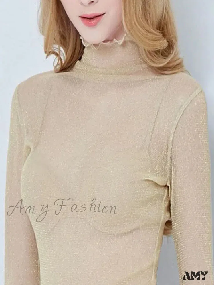 AMY FASHION - Sexy Mesh Long Sleeve Transparent See Through Femme Crop Top