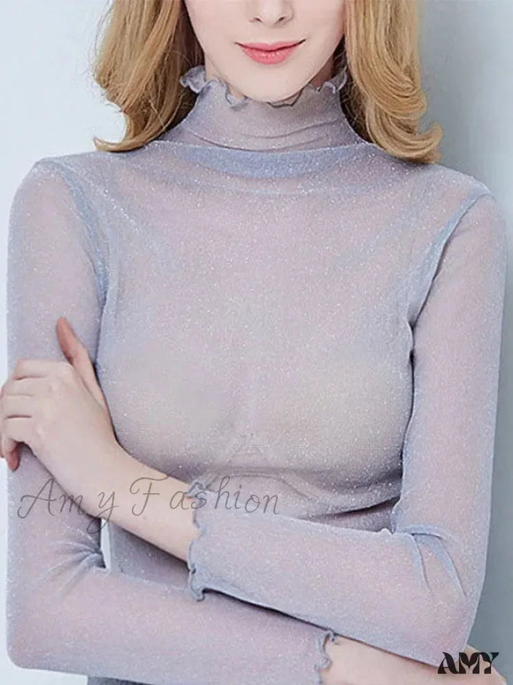 AMY FASHION - Sexy Mesh Long Sleeve Transparent See Through Femme Crop Top