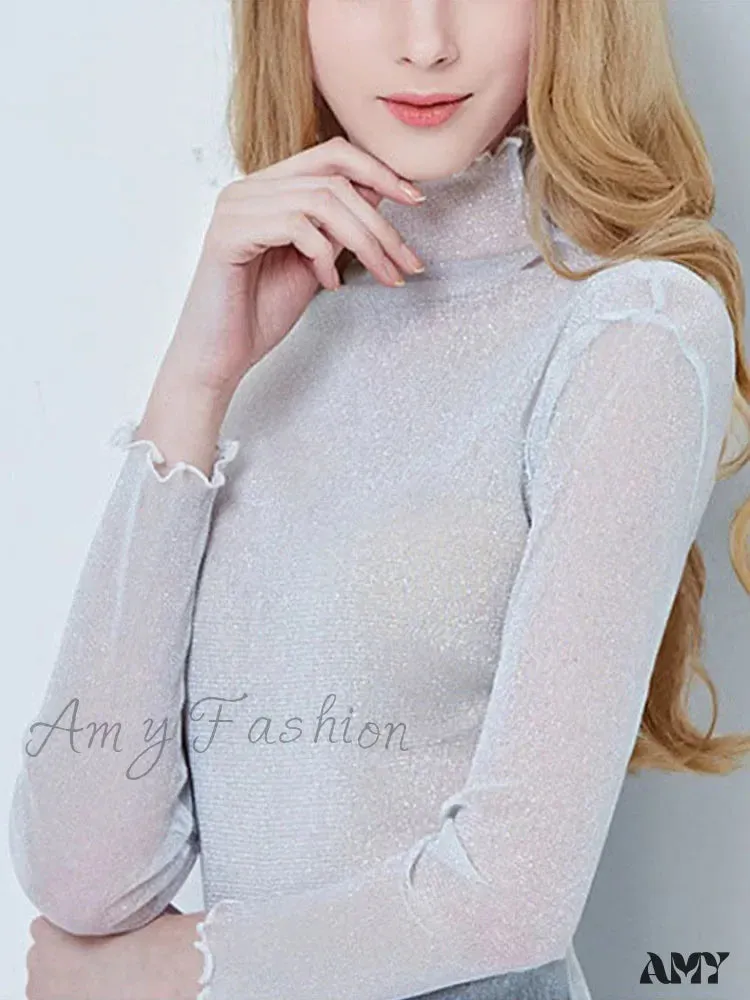 AMY FASHION - Sexy Mesh Long Sleeve Transparent See Through Femme Crop Top