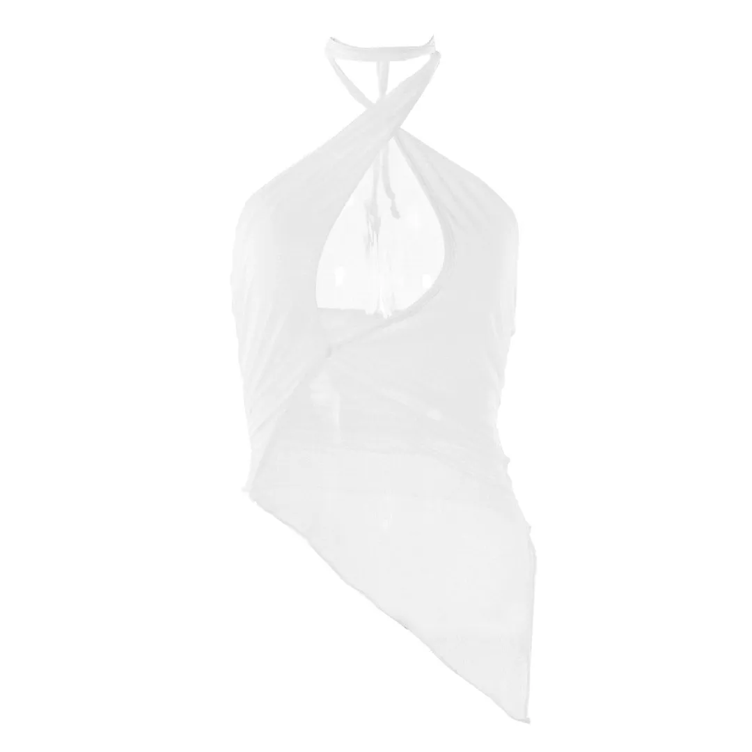 Asymmetrical Mesh Cut Out Sleeveless Wrap Halter Top - White