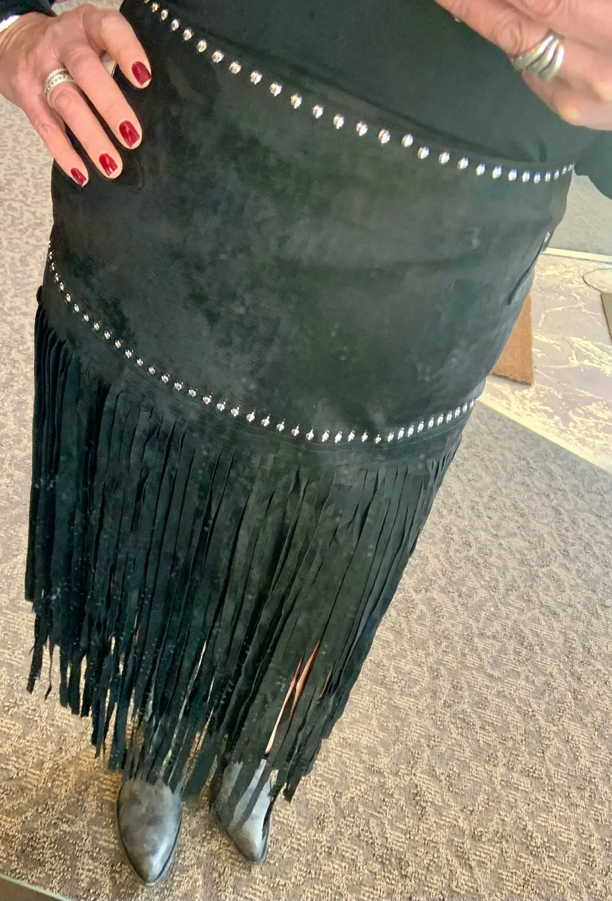 Black Fringed Studded Faux Suede Midi Skirt