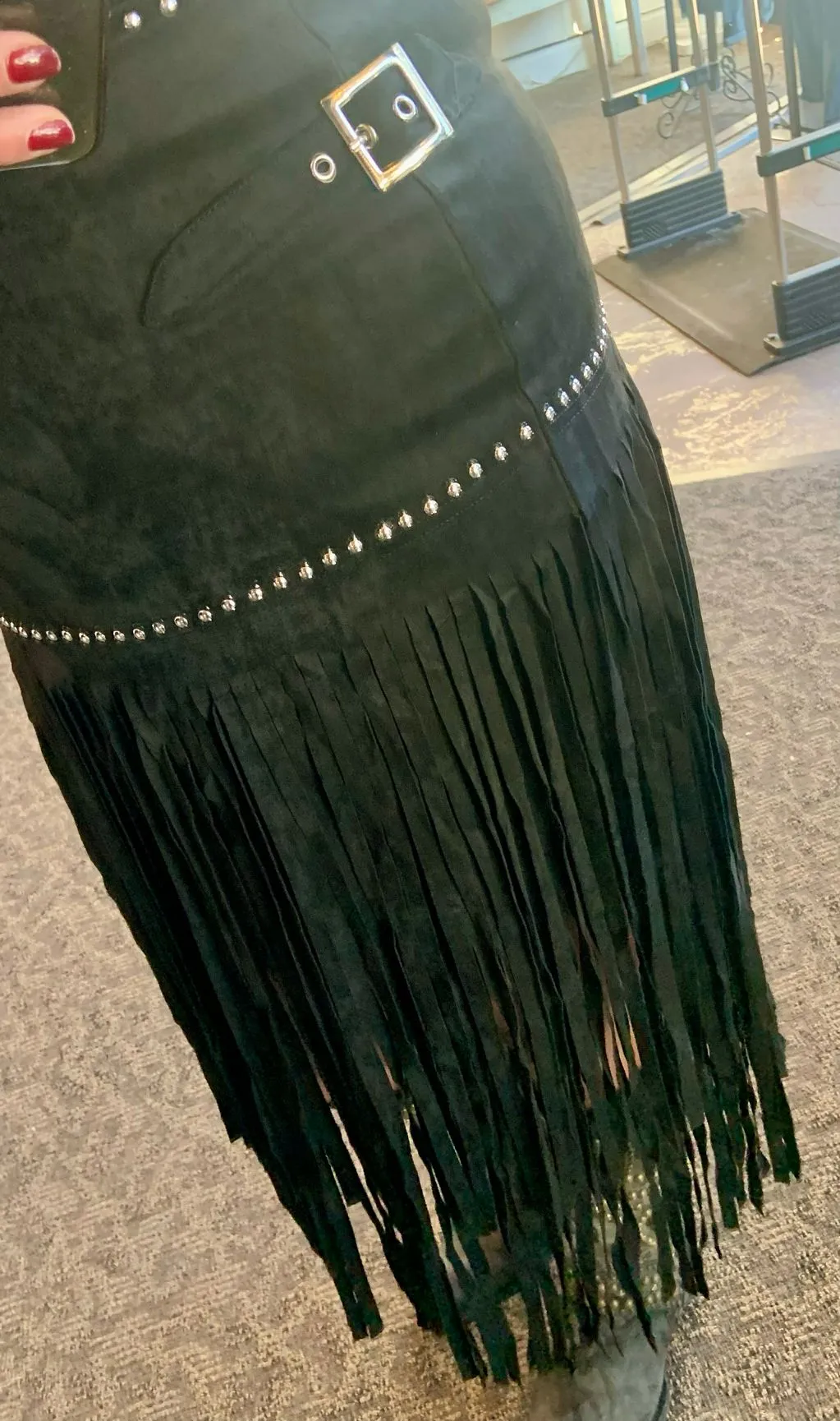 Black Fringed Studded Faux Suede Midi Skirt