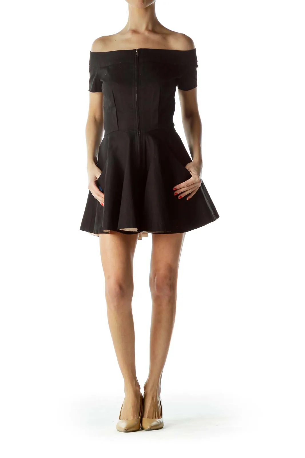 Black Off-Shoulder Flared Mini Dress