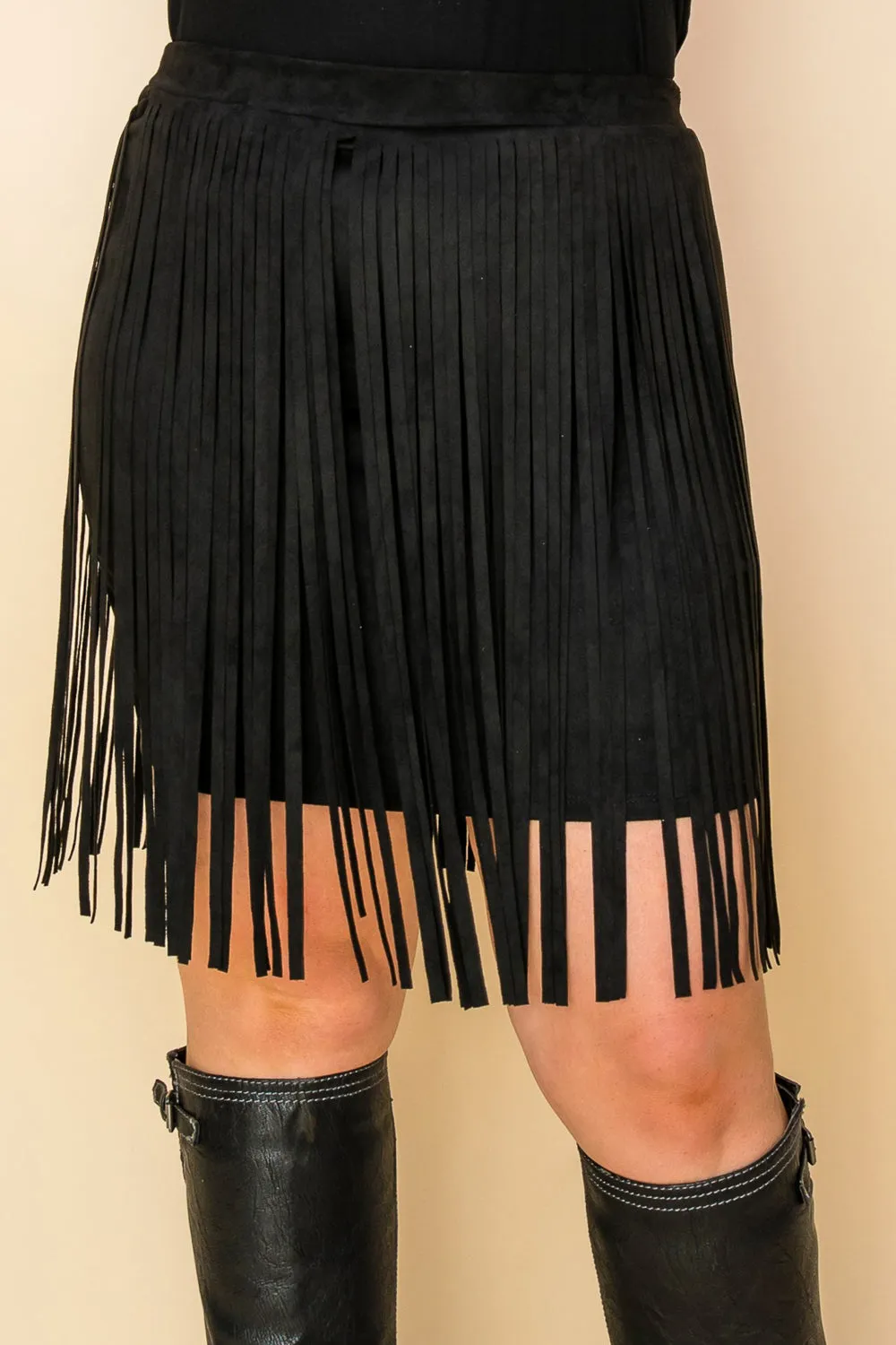 Black Plus Size Faux Suede Fringed Skirt