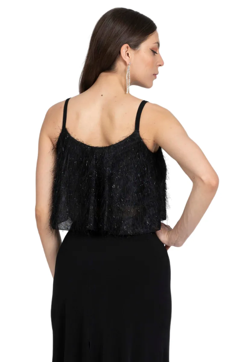 Black Textured Sparkling Loose Crop Top