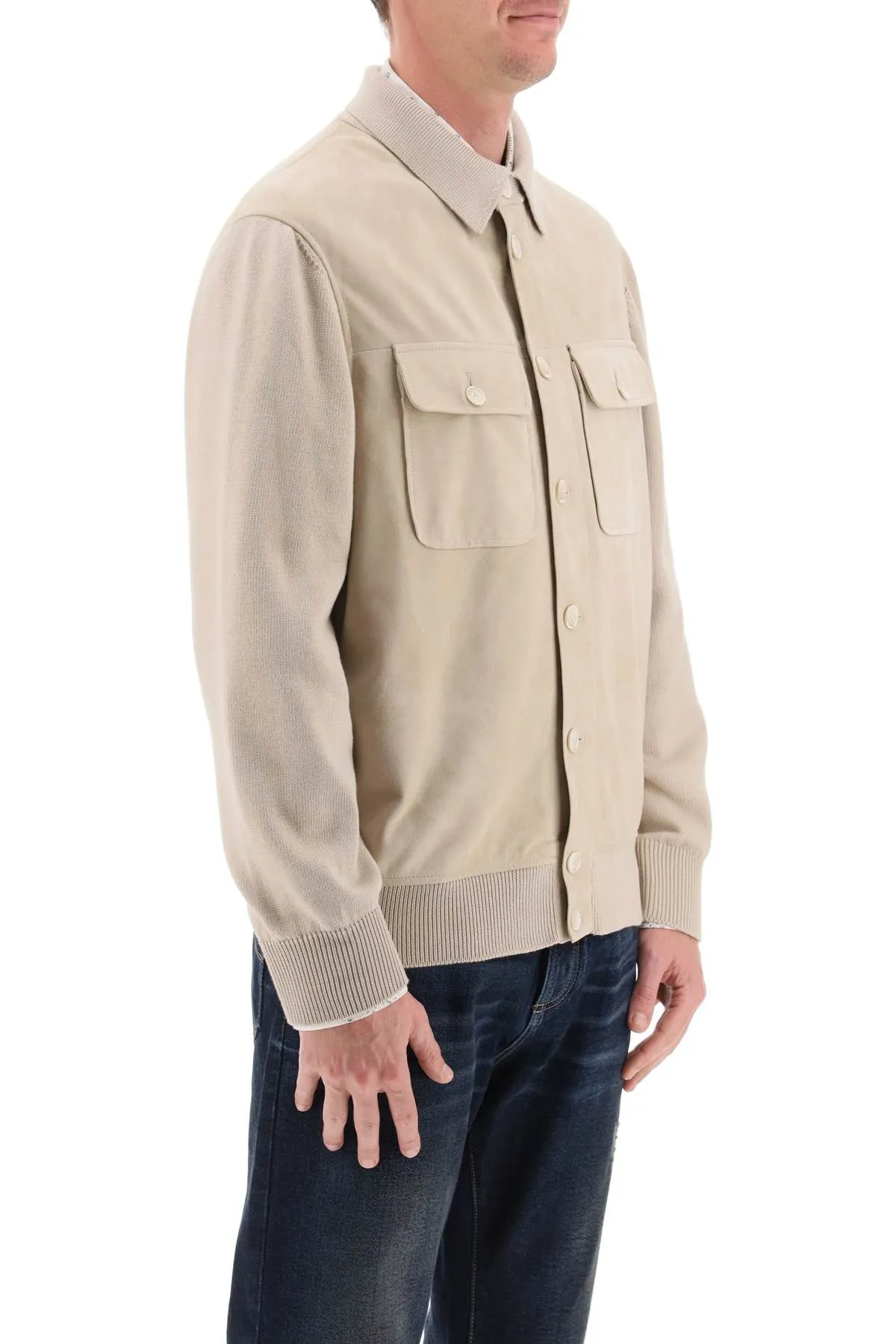 Brunello cucinelli leather and knit hybrid jacket