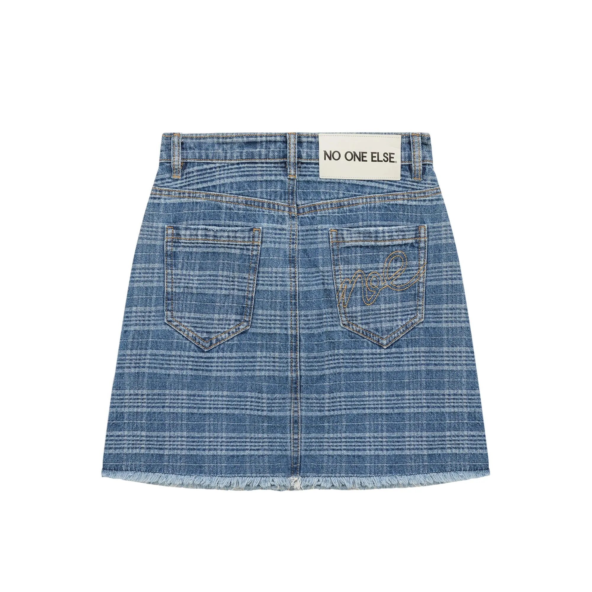 Checked Fringed Hem Denim Mini Skirt