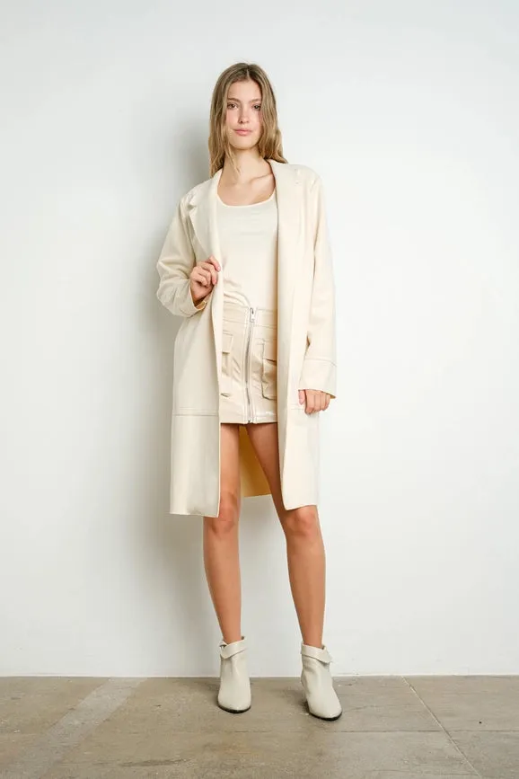 Collared Faux Suede Woven Midi Jacket Ivory