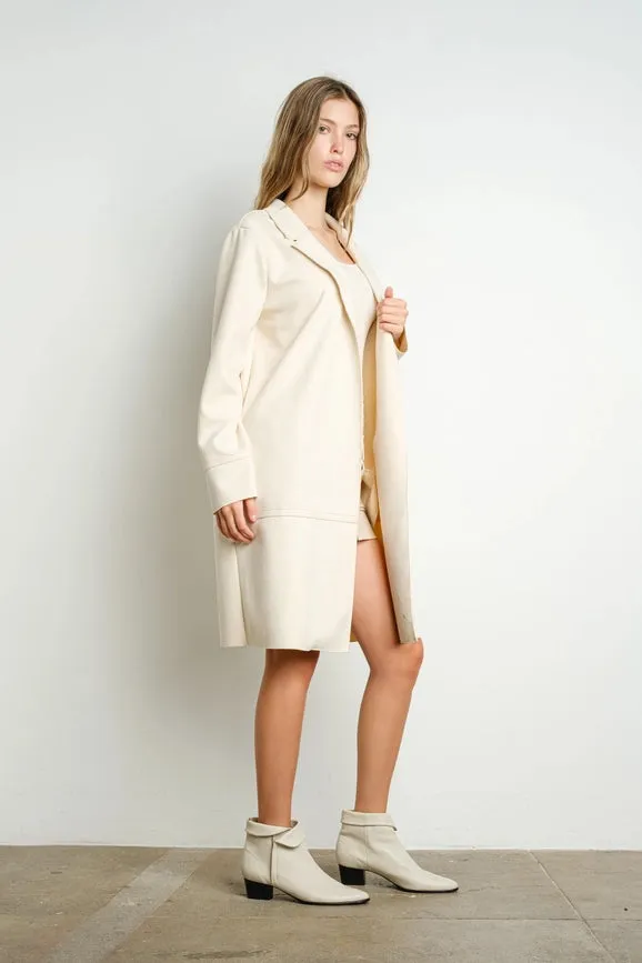 Collared Faux Suede Woven Midi Jacket Ivory