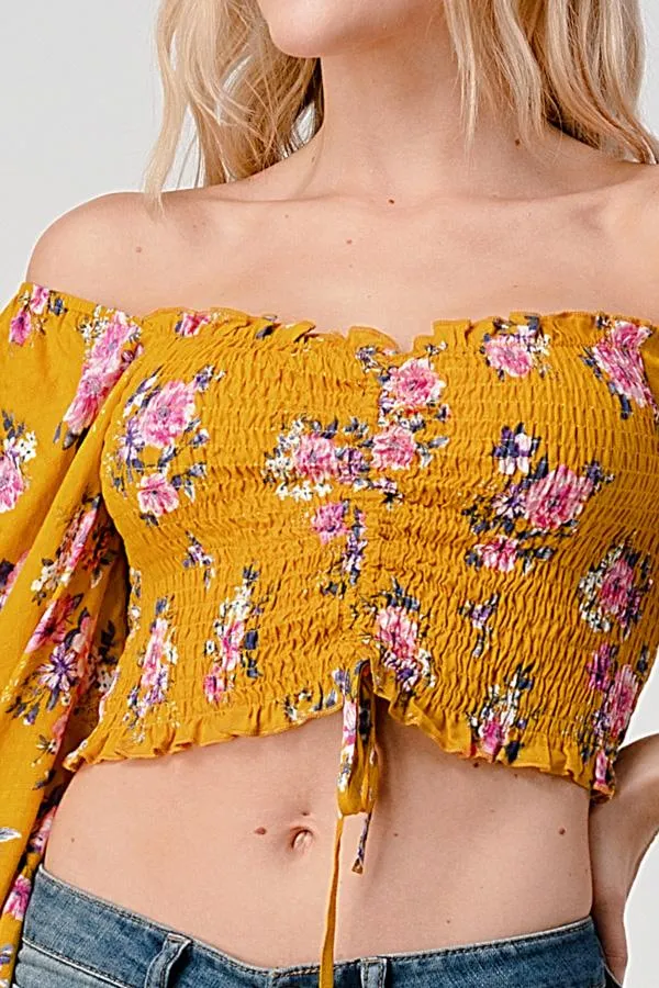 Crop Top Smock Ruched Top In Ditsy Jacquard