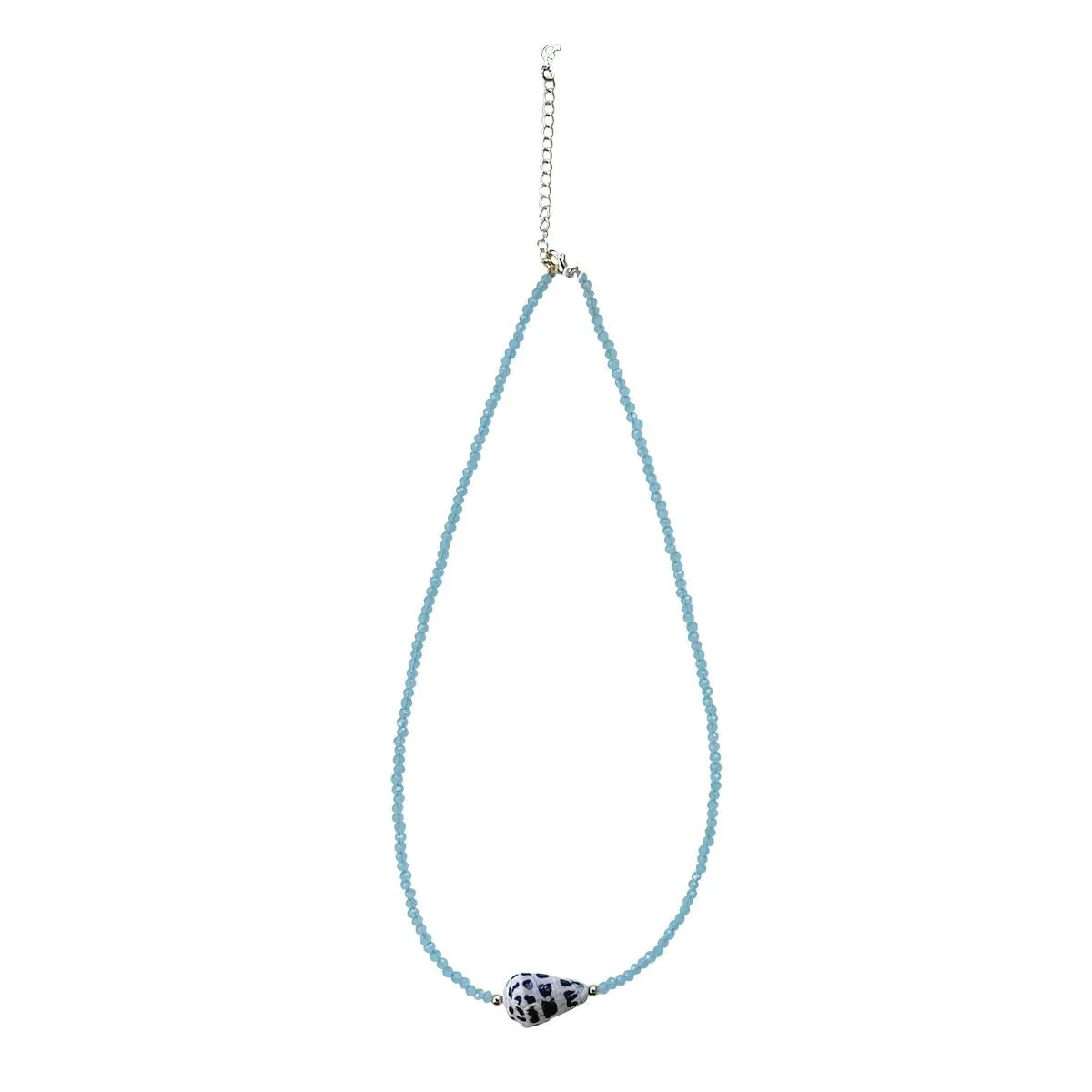 Crystal Aqua Beads with Hebrew Shell Pendant Necklace