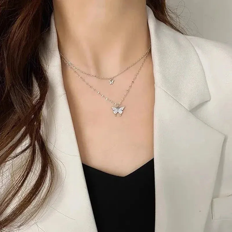 Double Layer Zircon Butterfly Necklace