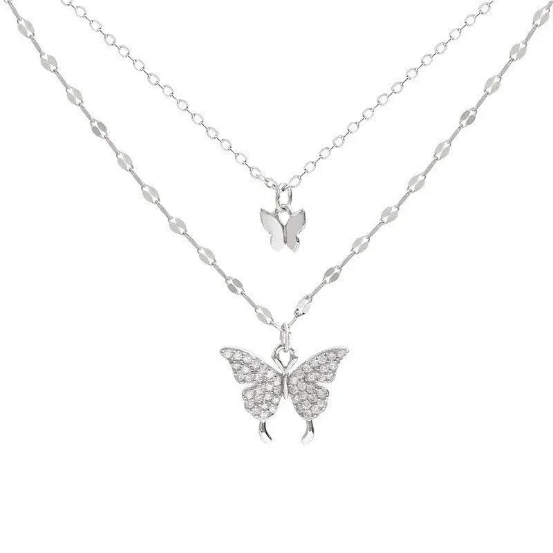 Double Layer Zircon Butterfly Necklace