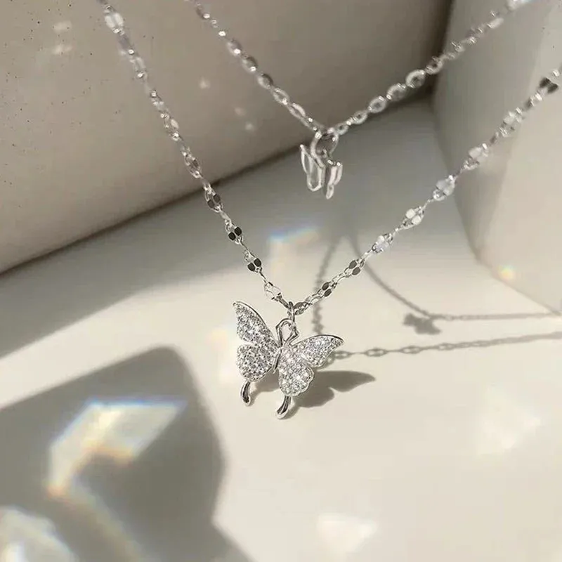 Double Layer Zircon Butterfly Necklace