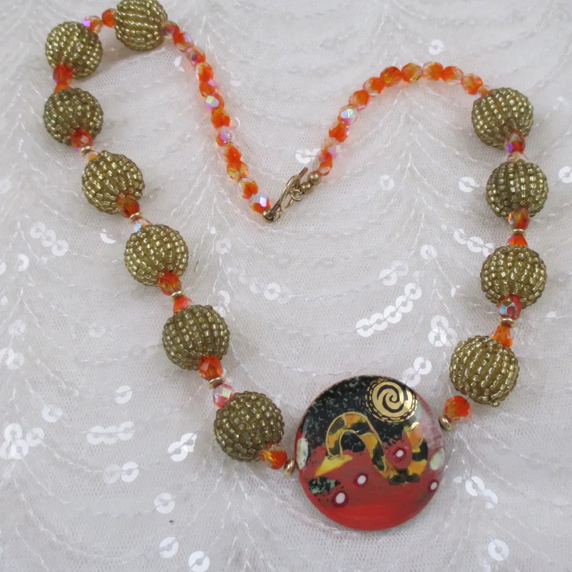 Exquisite Orange Handmade Artisan Bead Necklace