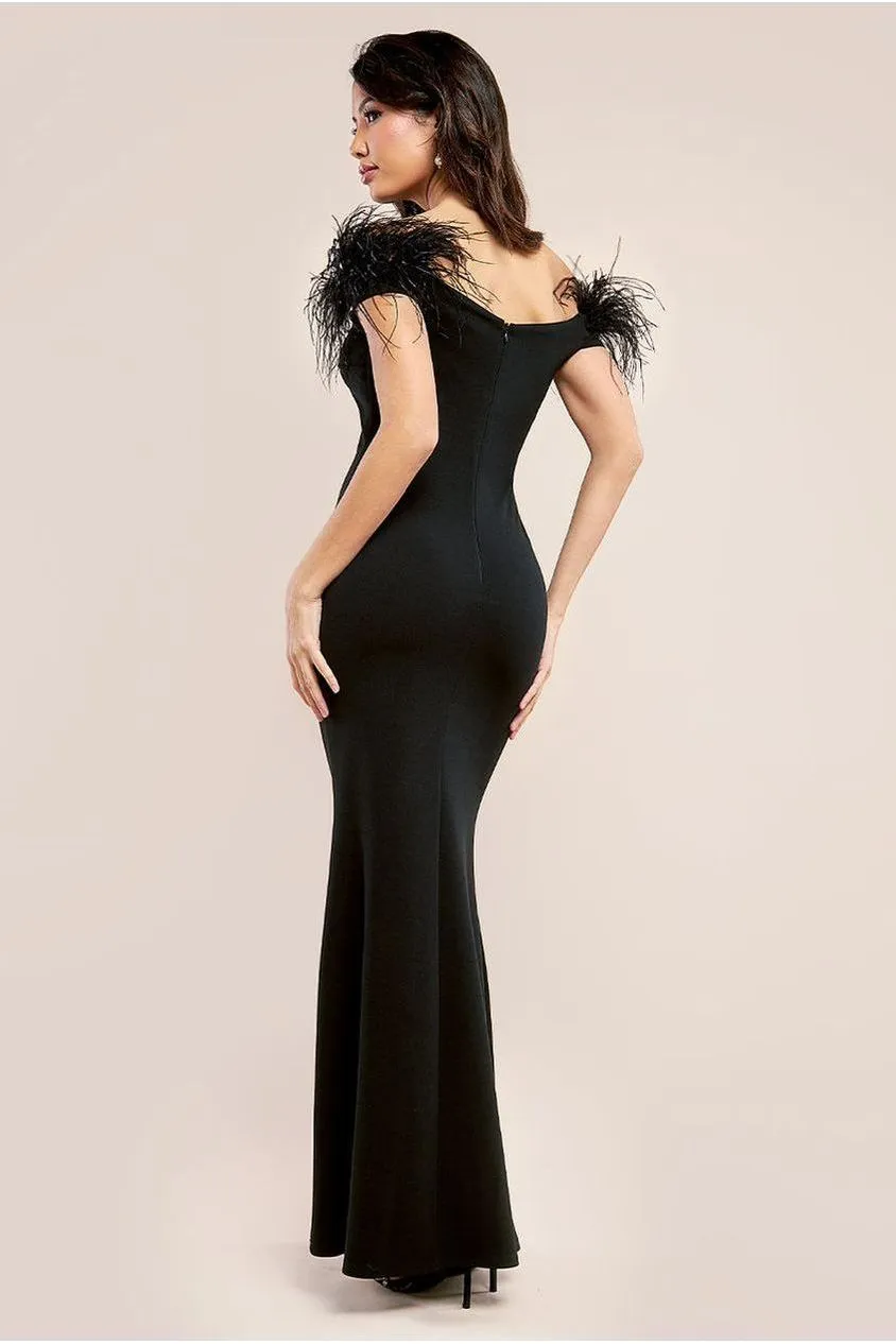 Goddiva Scuba Off The Shoulder Feather Trim Maxi - Black