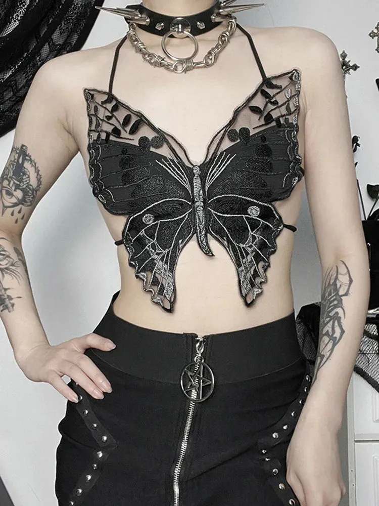 Gothic Backless Summer Butterfly Streetwear Hollow Out Crop Lace Top