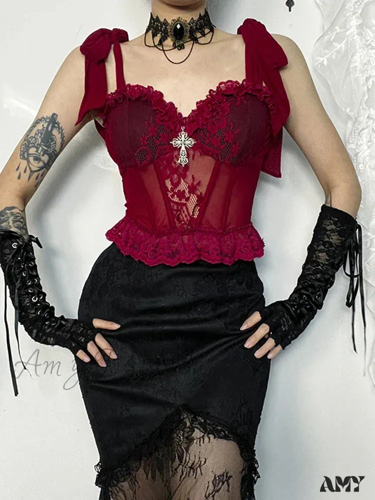 Gothic Strap Crop Camisole Top Corset V Lace Floral Neck Adjustable Mesh