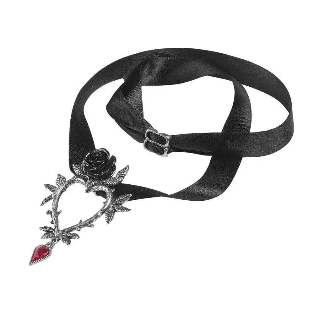 Heart Shaped Black Rose With Red Crystal Necklace