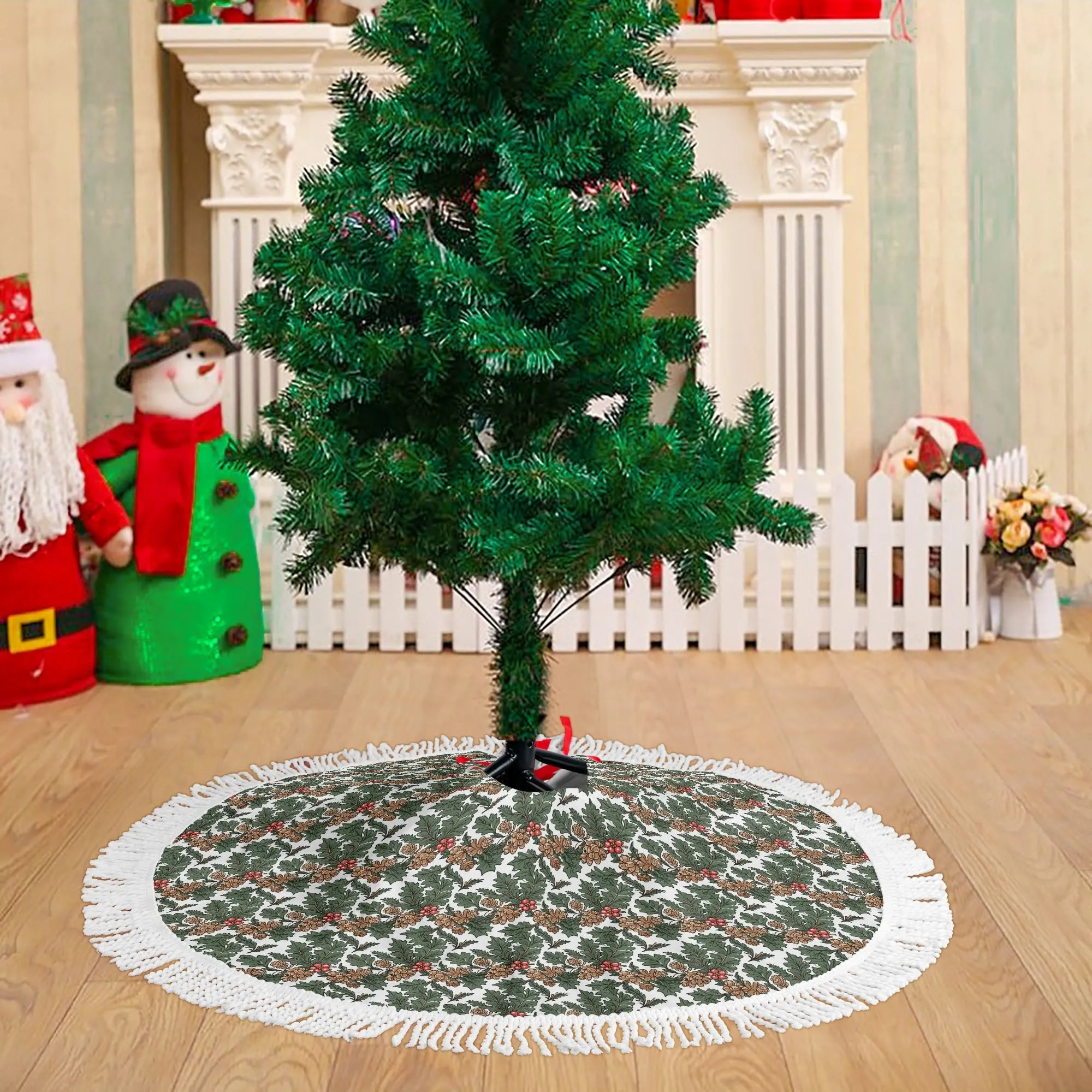 Holly Pine Fringed Christmas Tree Skirts