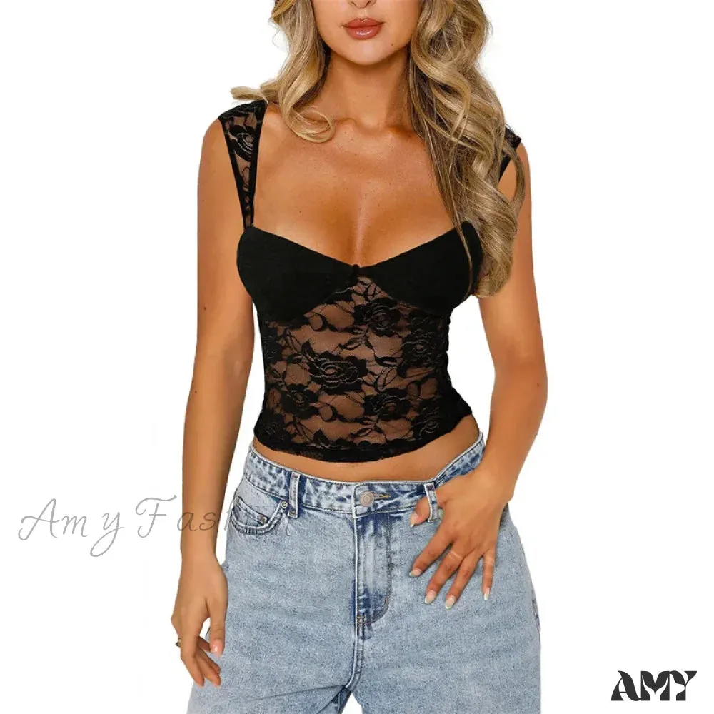 Lace Sheer See Through Sleeveless Cropped Mesh Vest Evening Party Clubwear Crop Top