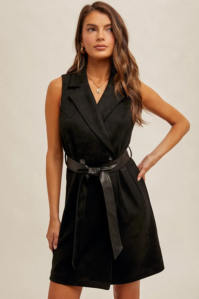 Leather Belt Suede Longline Vest in Black by Hem & Thread