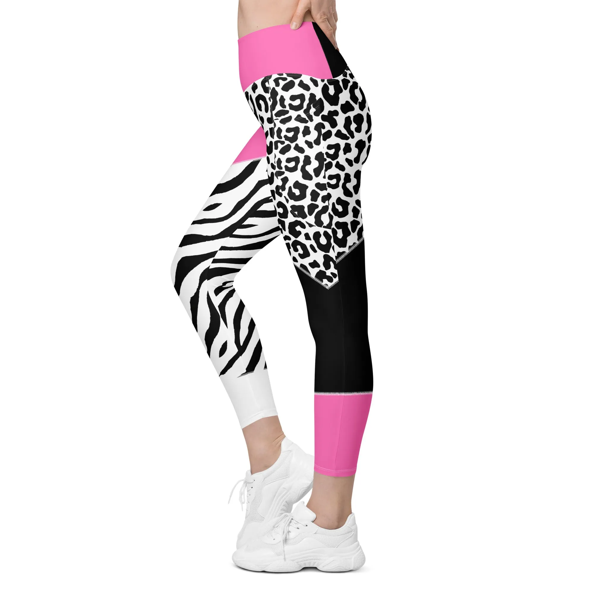 Leopard Color Block Leggings With Pockets