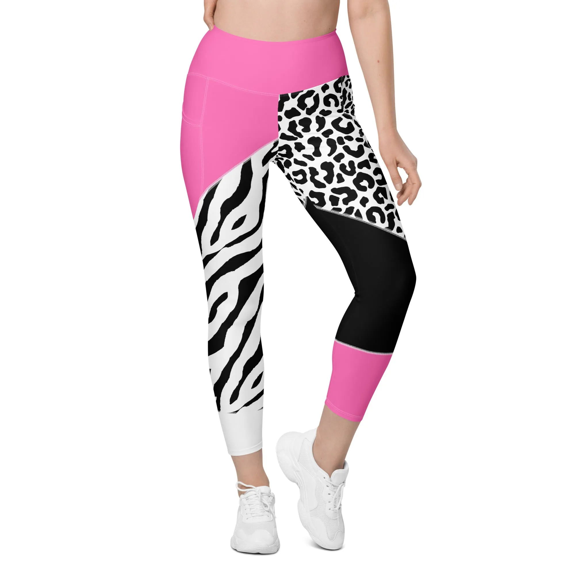 Leopard Color Block Leggings With Pockets