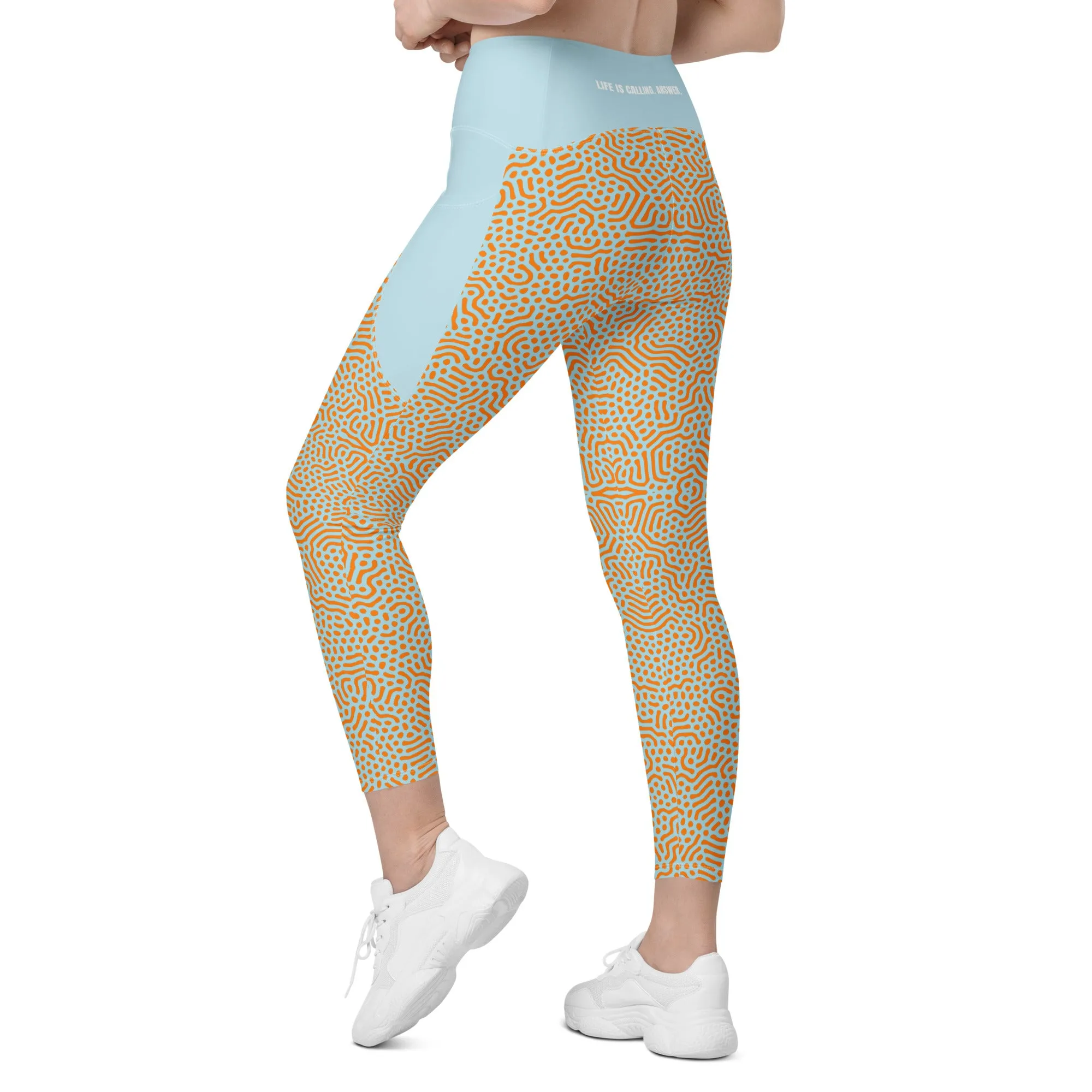 Life League Gear - Women's Leggings with Pockets - "CORAL" (Blue and Sunset Orange)