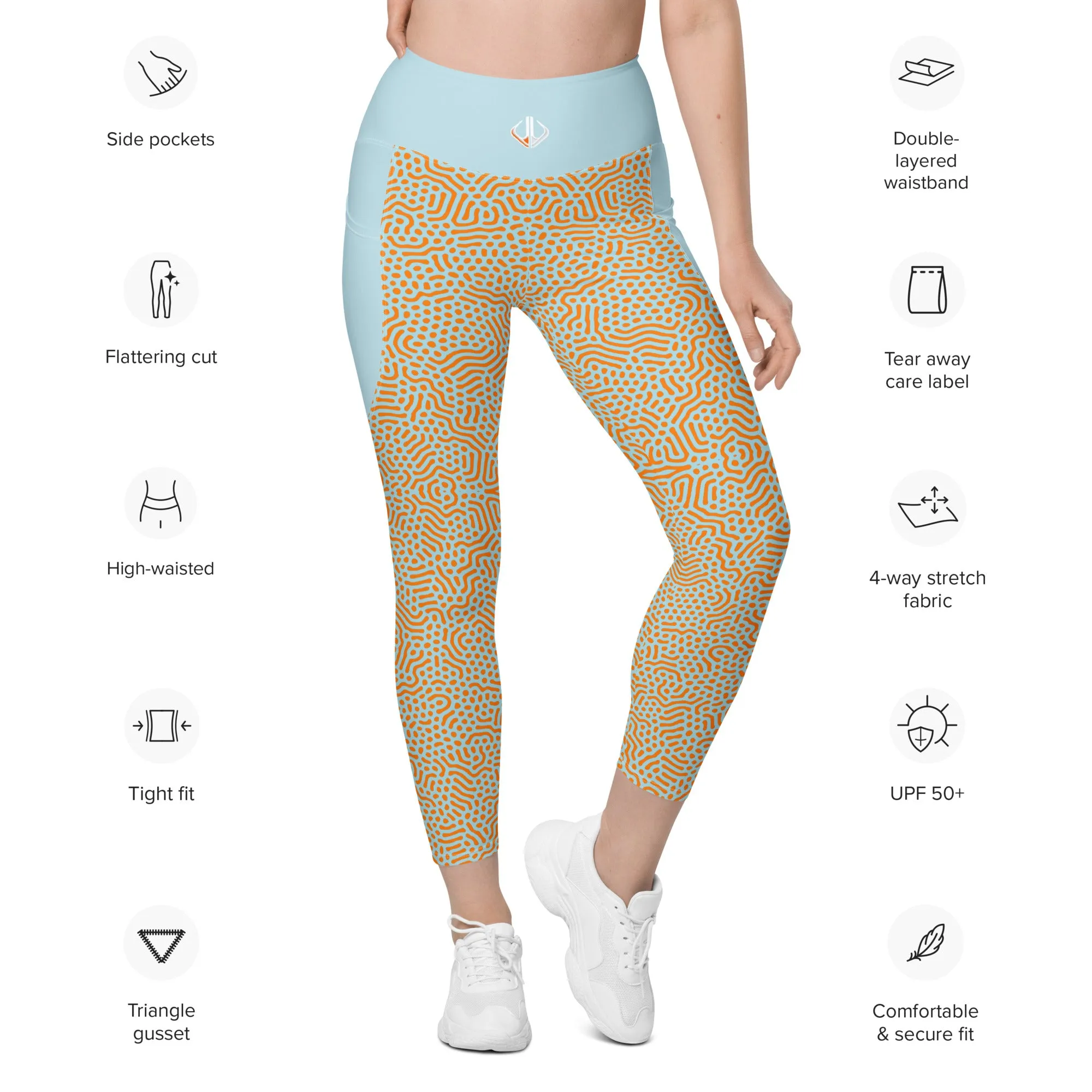 Life League Gear - Women's Leggings with Pockets - "CORAL" (Blue and Sunset Orange)