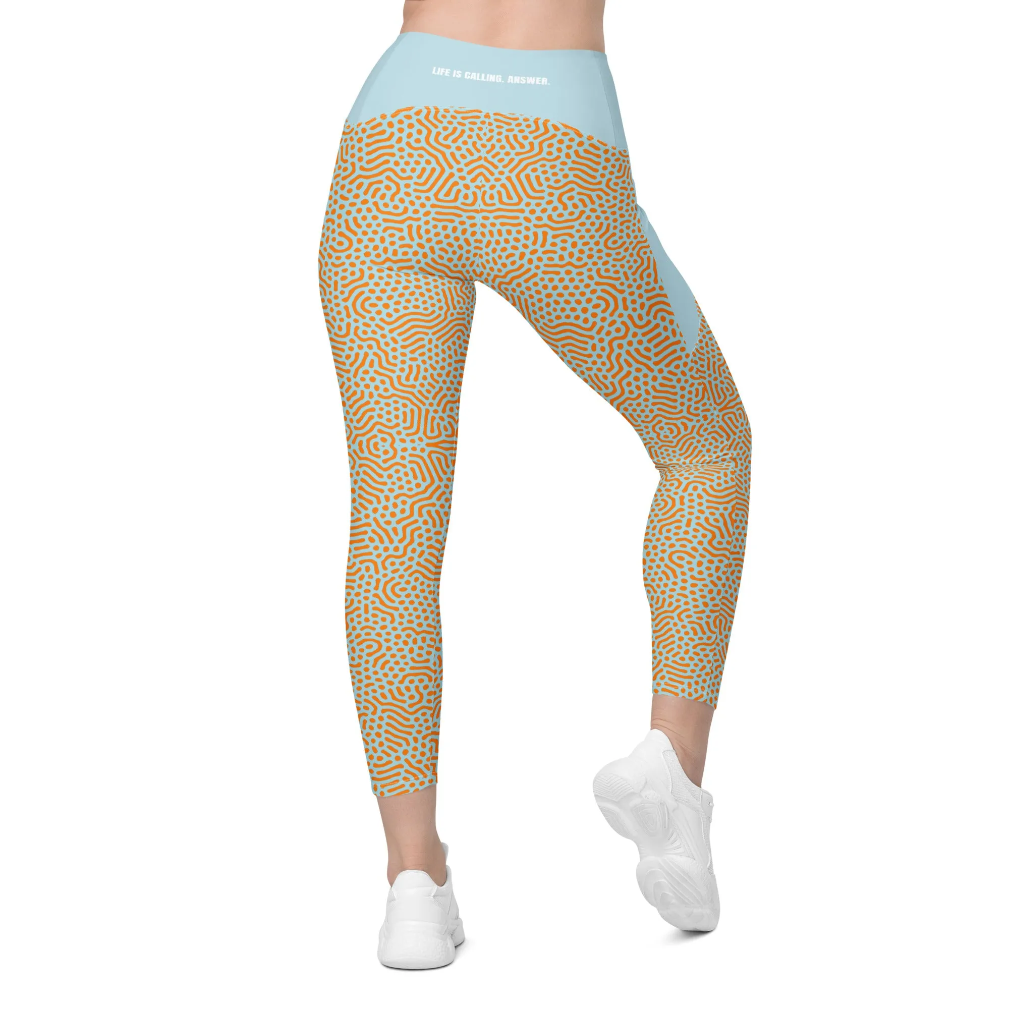 Life League Gear - Women's Leggings with Pockets - "CORAL" (Blue and Sunset Orange)