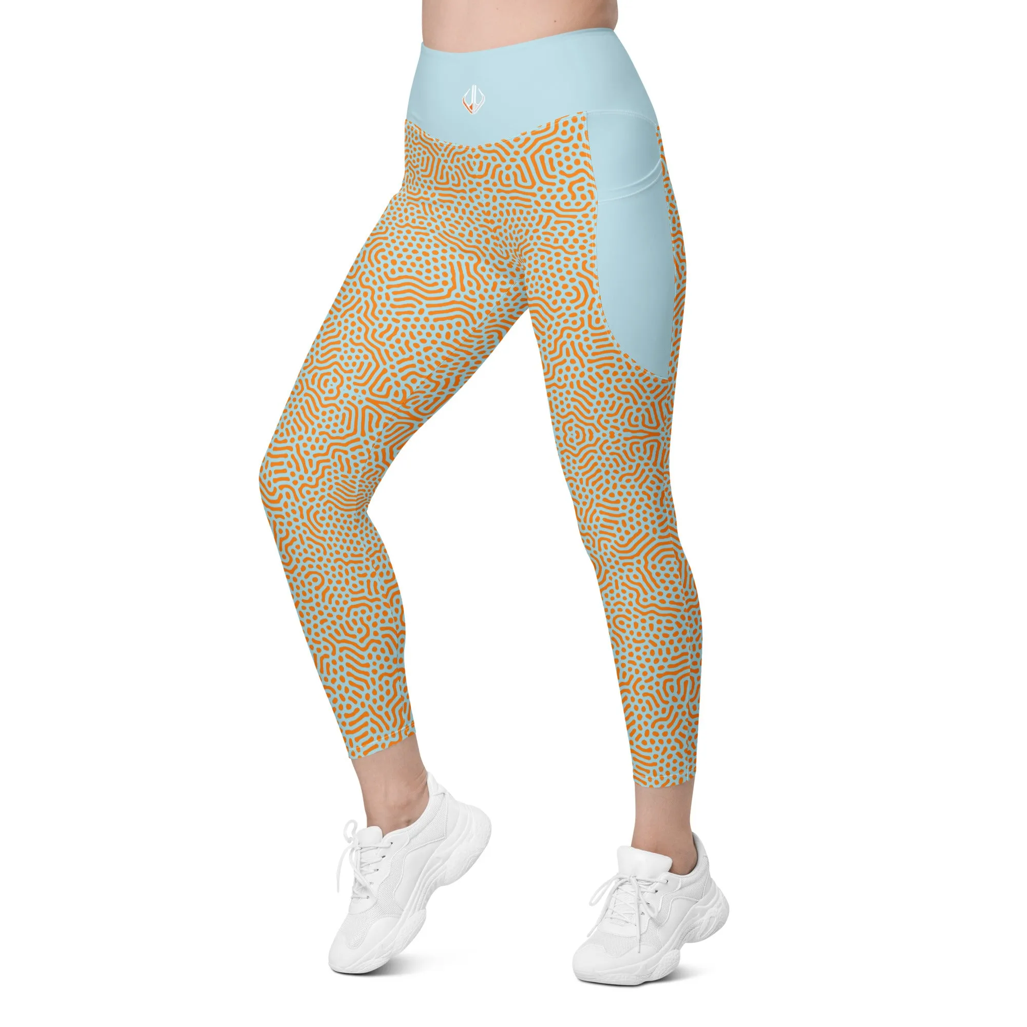 Life League Gear - Women's Leggings with Pockets - "CORAL" (Blue and Sunset Orange)