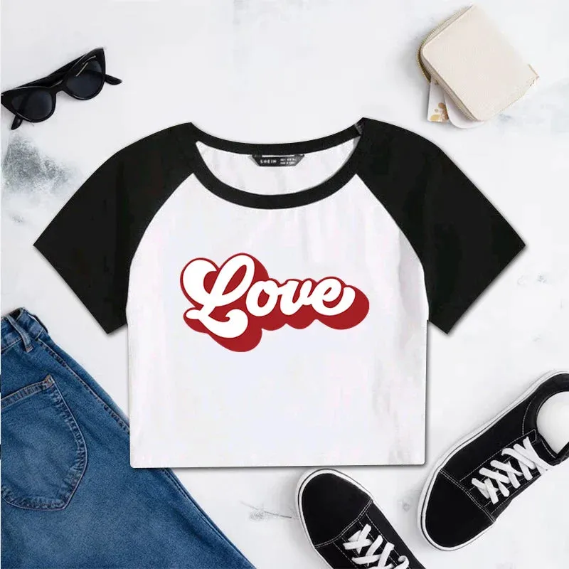 Love Retro Sports Style Crop Top O-Neck Baby Tee Crop Top