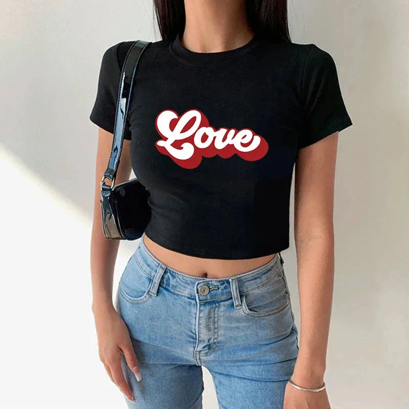 Love Retro Sports Style Crop Top O-Neck Baby Tee Crop Top