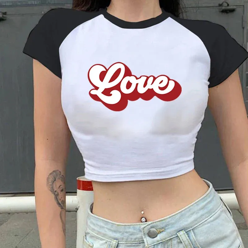 Love Retro Sports Style Crop Top O-Neck Baby Tee Crop Top