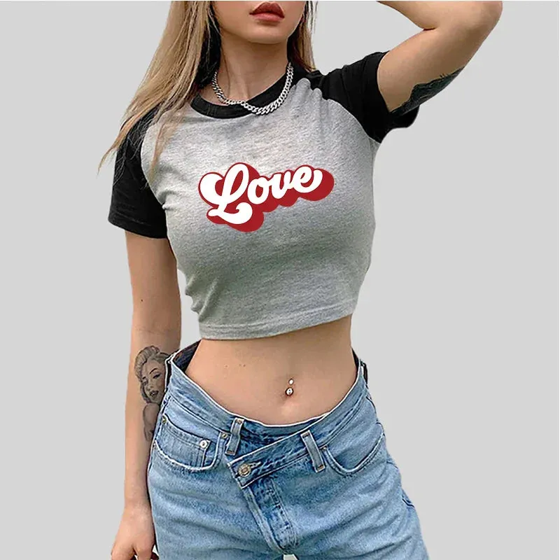 Love Retro Sports Style Crop Top O-Neck Baby Tee Crop Top