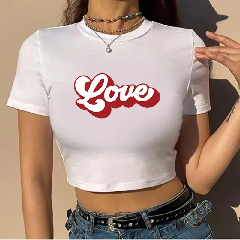 Love Retro Sports Style Crop Top O-Neck Baby Tee Crop Top