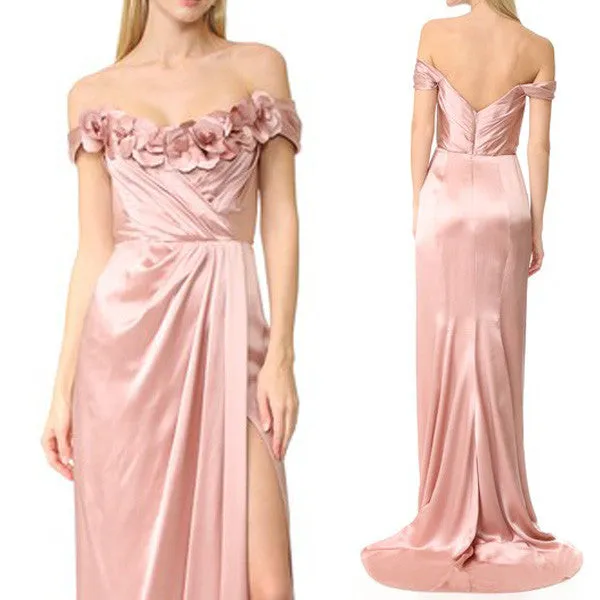 MACloth Off the Shoulder with Flowers Pink Evening Gown Simple Prom Dress