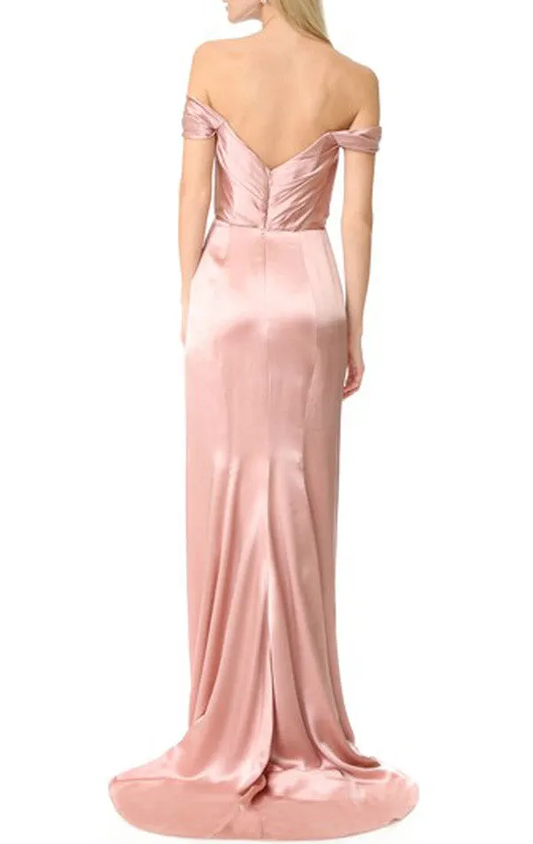 MACloth Off the Shoulder with Flowers Pink Evening Gown Simple Prom Dress