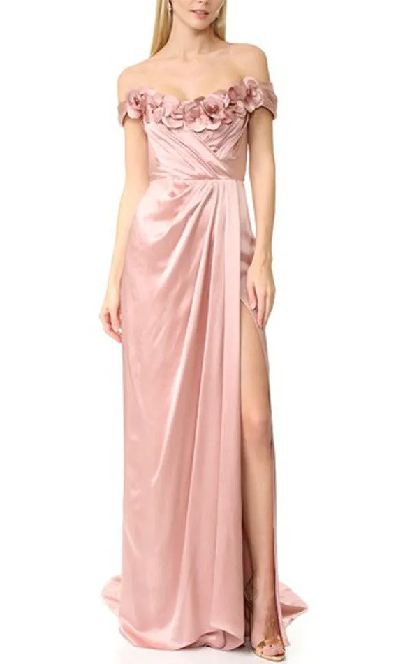 MACloth Off the Shoulder with Flowers Pink Evening Gown Simple Prom Dress