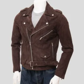 Mens Dark Chocolate Brown Suede Leather Biker Jacket