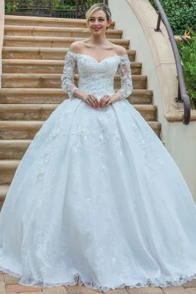 Off White Off Shoulder Long Sleeve Bridal Gown