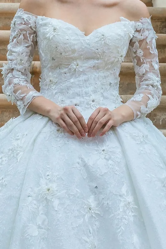 Off White Off Shoulder Long Sleeve Bridal Gown