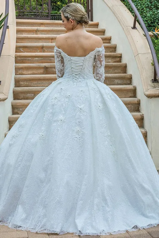 Off White Off Shoulder Long Sleeve Bridal Gown